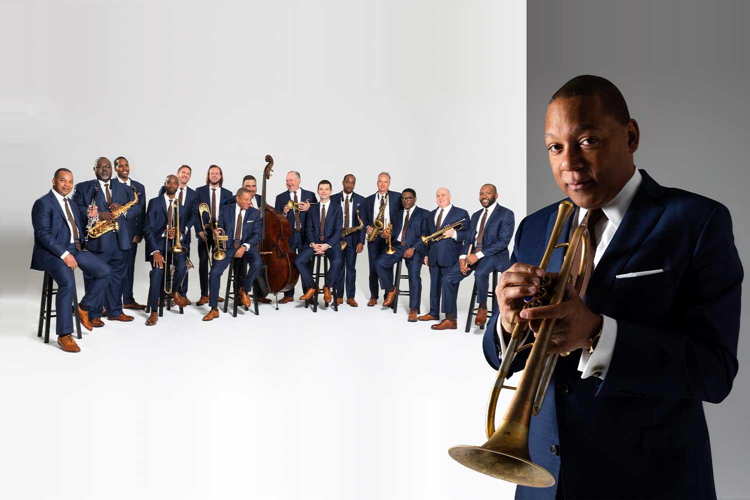 Image of Wynton Marsalis overlaid on an image of the Jazz and the Lincoln Center Orchestra 