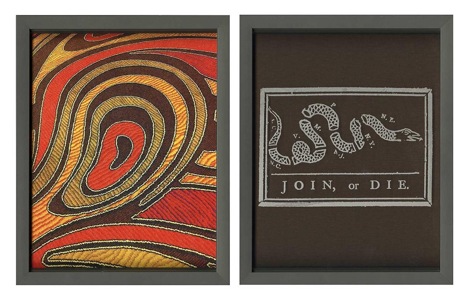 Left panel: swirls of red, brown, and yellow. Right panel: a stylized snake broken into sections with the text "Join, or Die" underneath it.