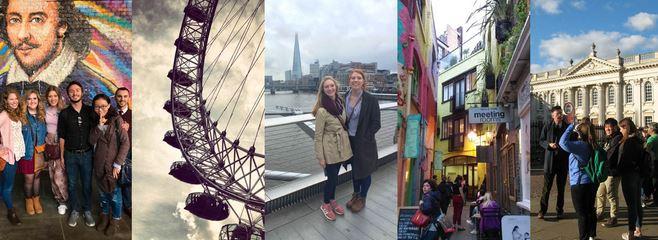 Pictures together in a collage, students in front of Shakespeare wall mural, eye of London, students on bridge, street in London and students on a walking tour in front of historical building