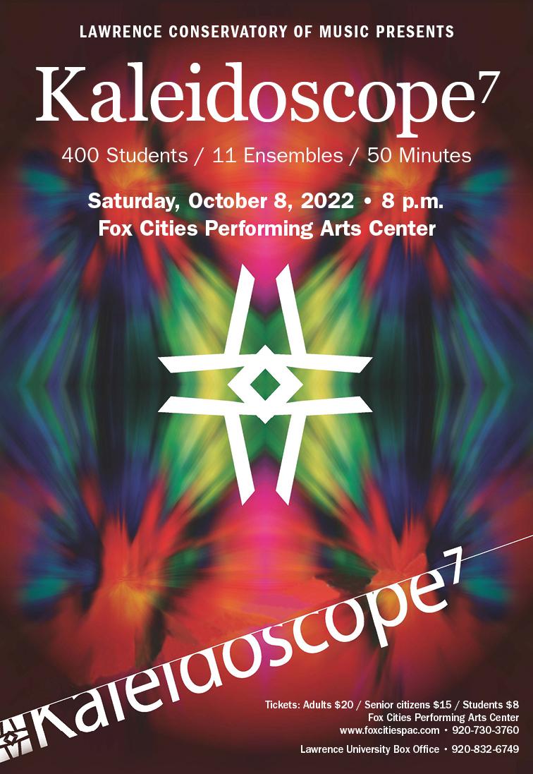 Kaleidoscopic background with text saying "Lawrence Conservatory of Music presents Kaleidoscope 7".