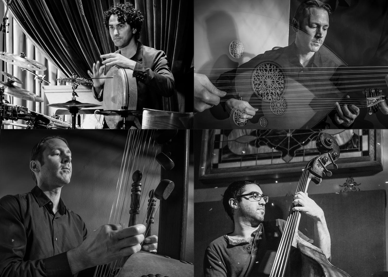 Four men playing drums, Turkish Oud, Mandinka Harp, and bass.