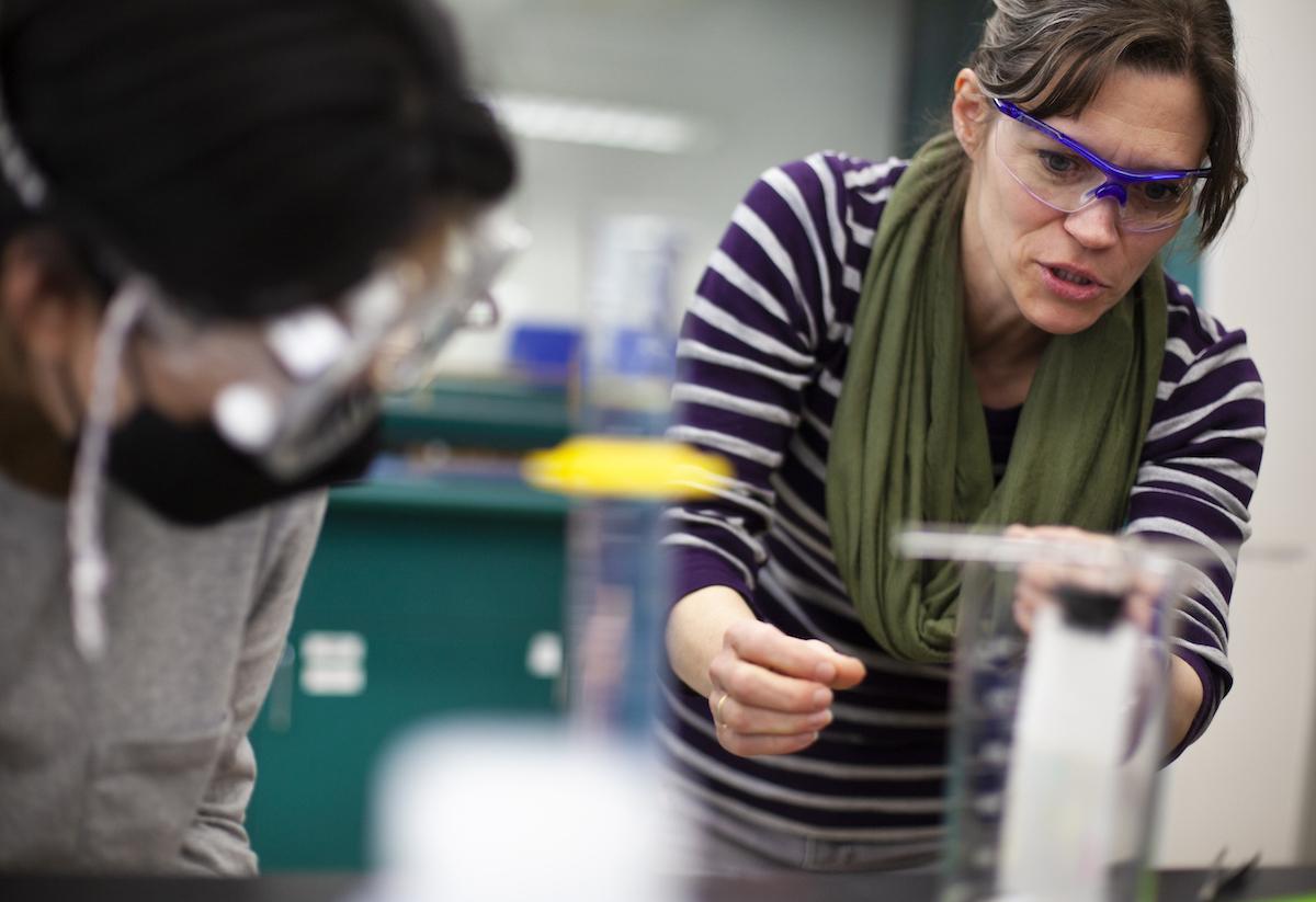 Professor Allison Fleshman works with a student during a chemistry lab.