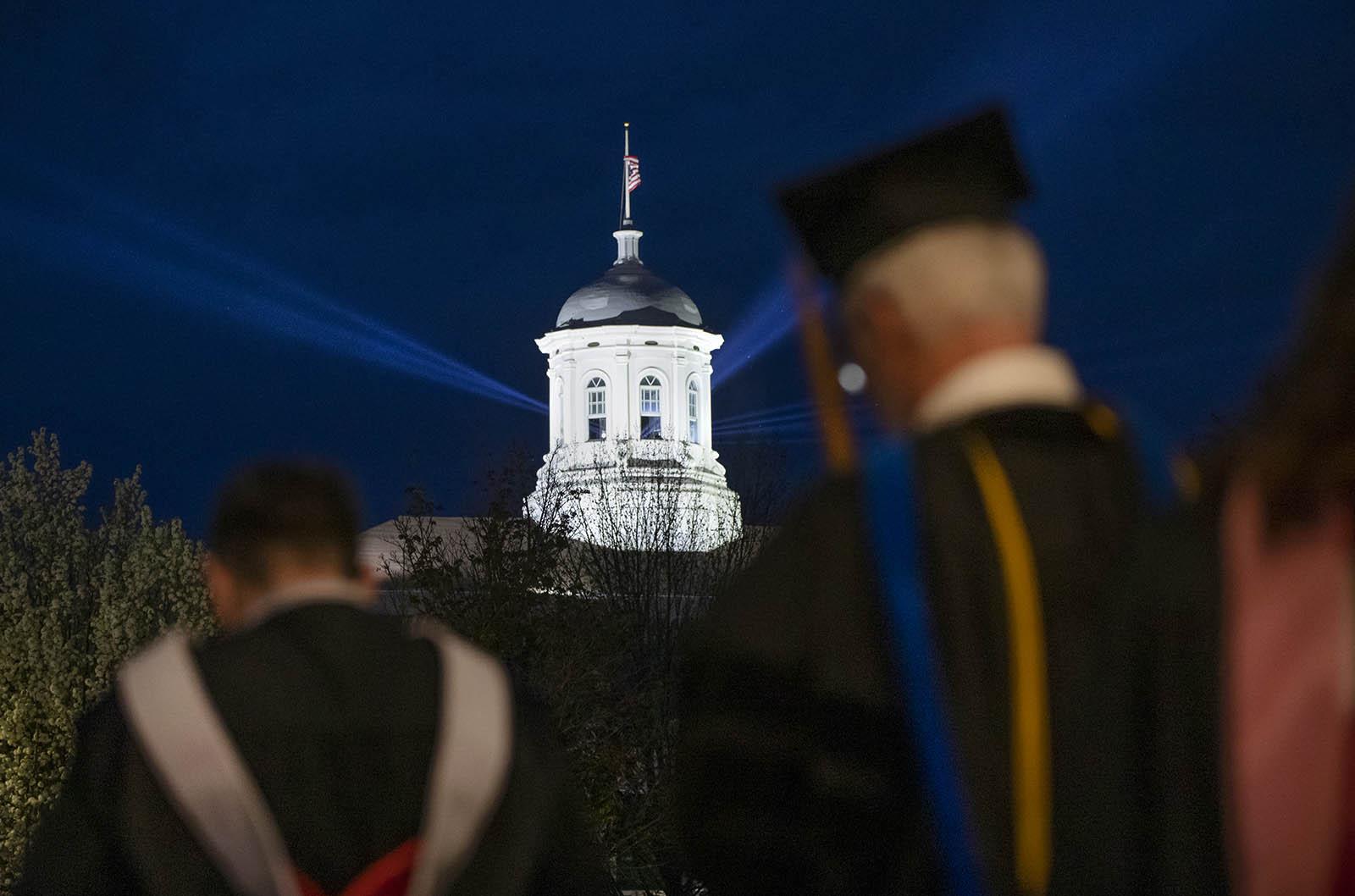 Spotlights shine from the Main Hall cupola after the inauguration ceremony of President Laurie A. Carter.