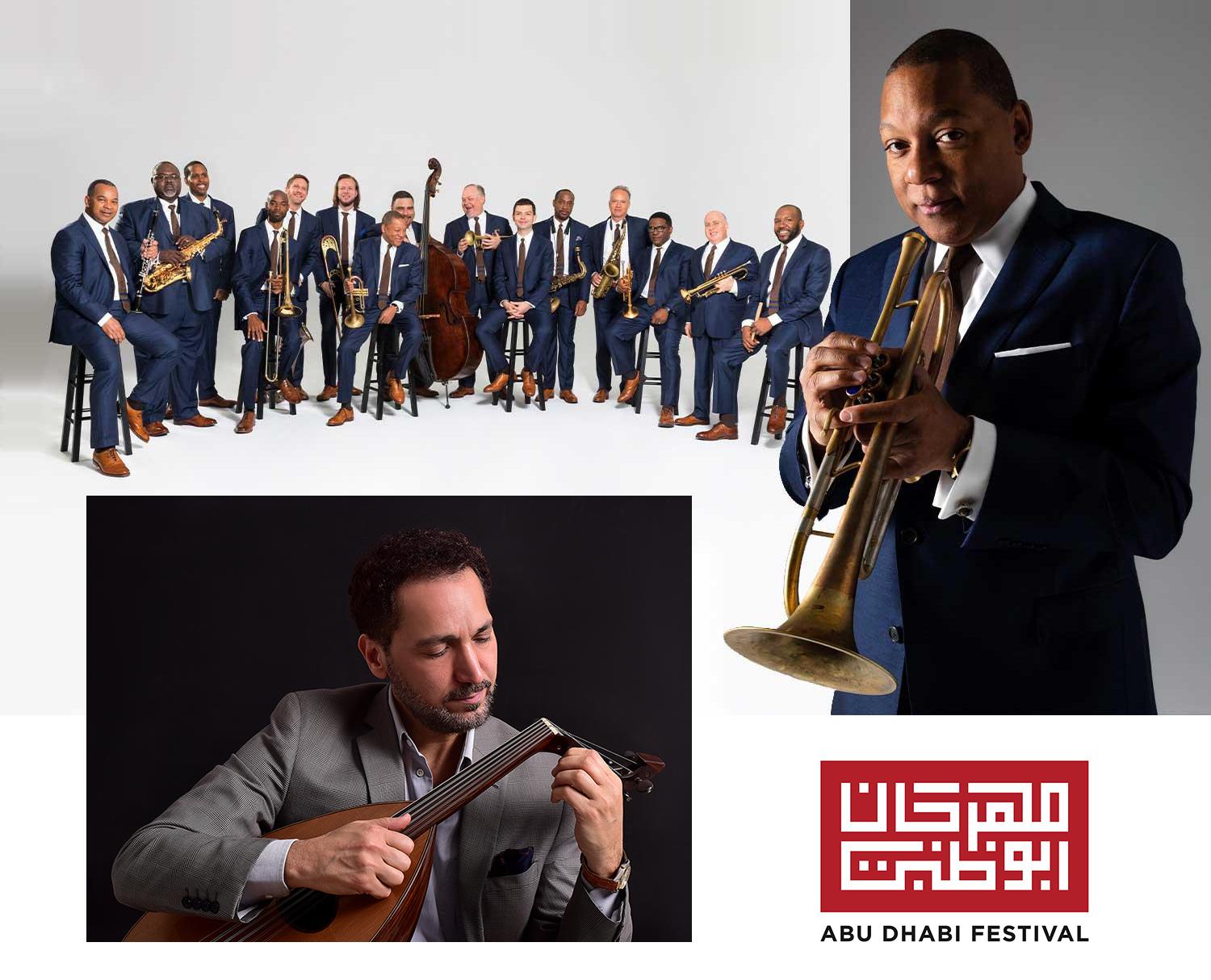 A group of men posing with music instruments, and the logo for Abu Dubai Festival.