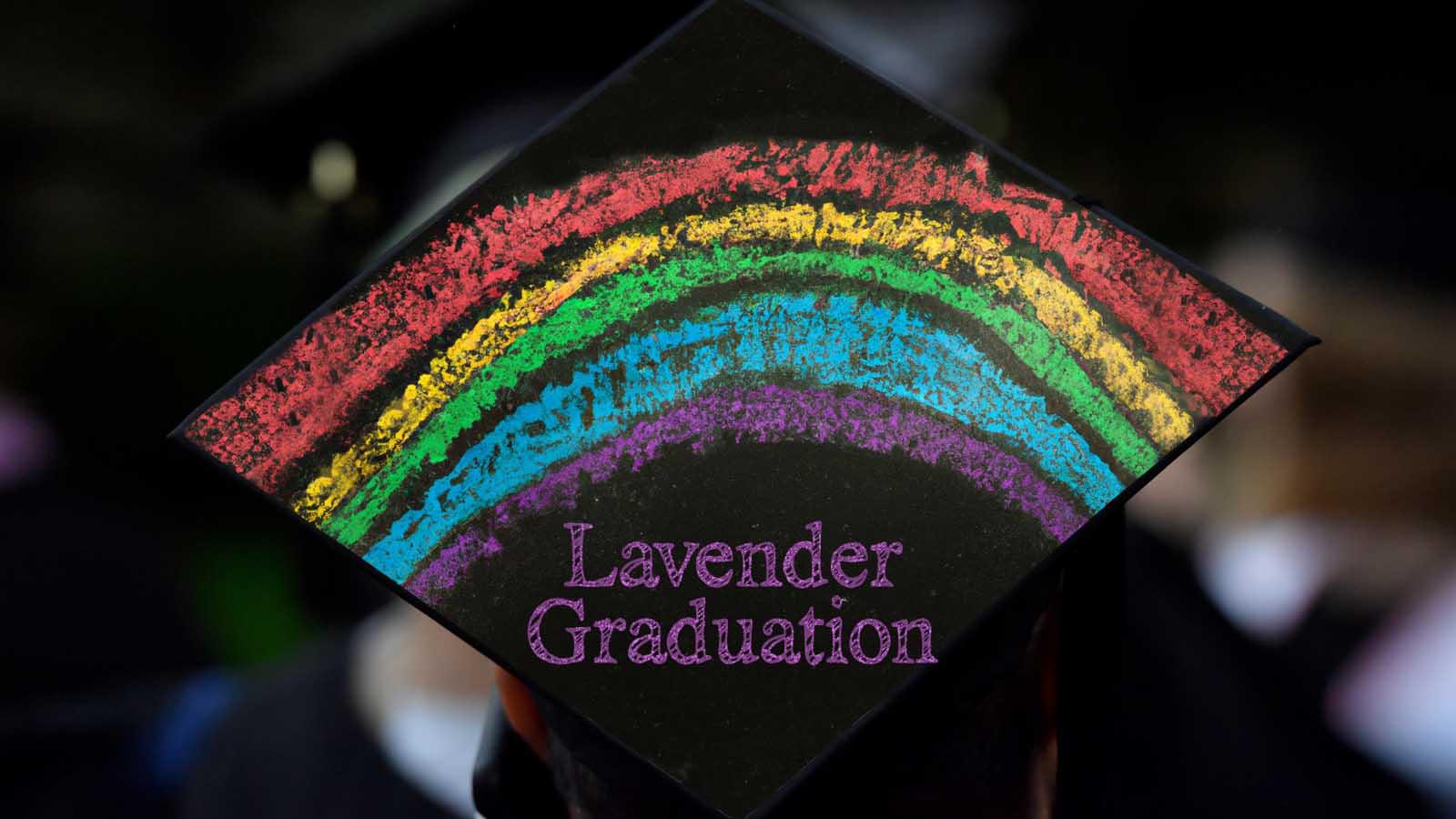 Lavender Graduation chalk art with rainbow on top of black graduation hat