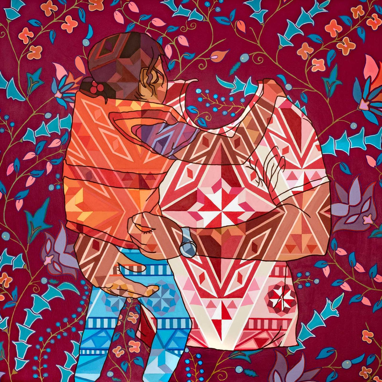 Image of a man holding a child overlaid by organic, Middle Eastern style patterns