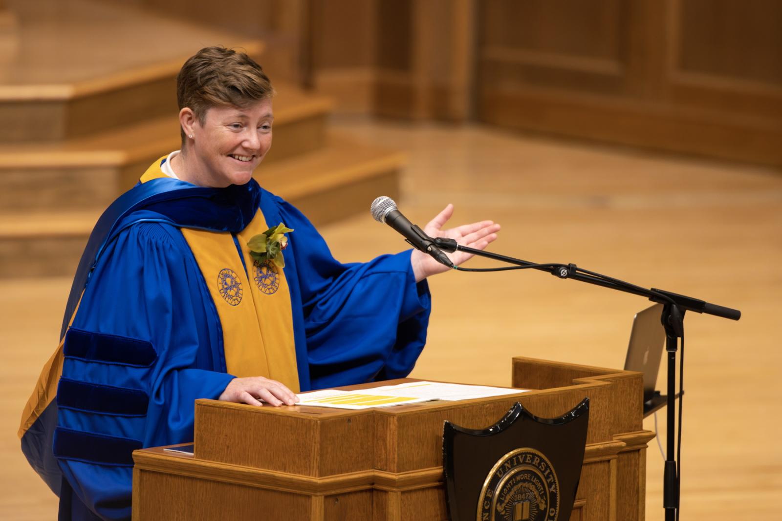 Constance Kassor speaks in Memorial Chapel on Buddhist pilgrimages during Honors Convocation at the close of Spring Term. (Photo by Danny Damiani)