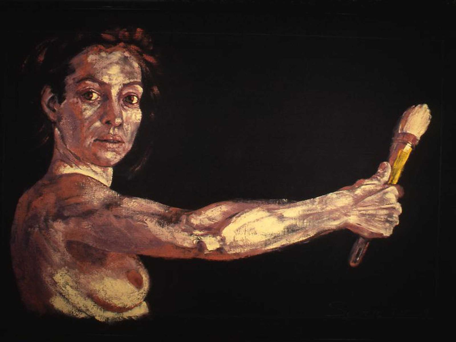 Side view portrait of a nude woman from the waist up; her arm is extended and holds a paintbrush and her head turns to gaze at the viewer.