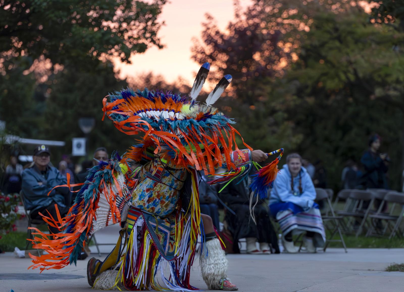 A dancer performs during the 2023 Indigenous Peoples' Day Celebration on Main Hall Green.