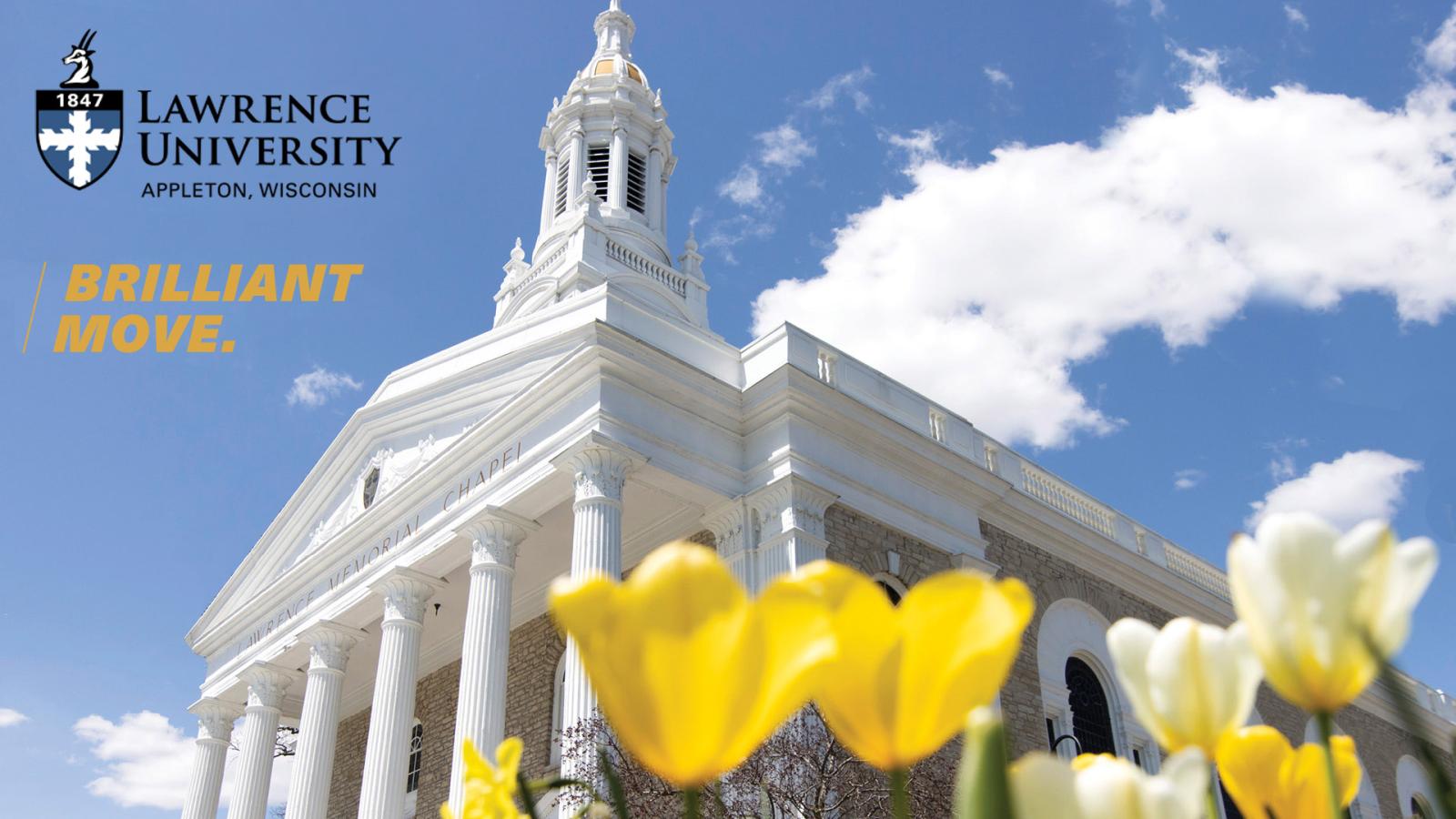 Zoom Background - Lawrence Logo top left, Memorial Chapel with yellow tulips in the foreground