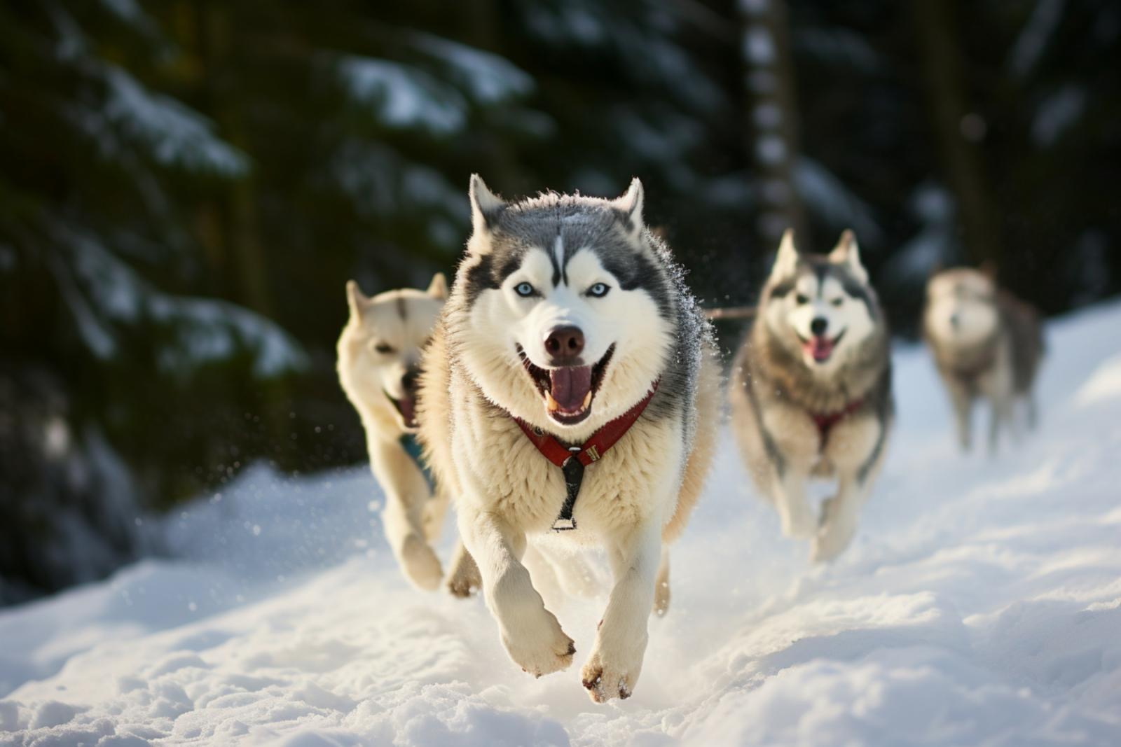Sled dogs race through the snow. 