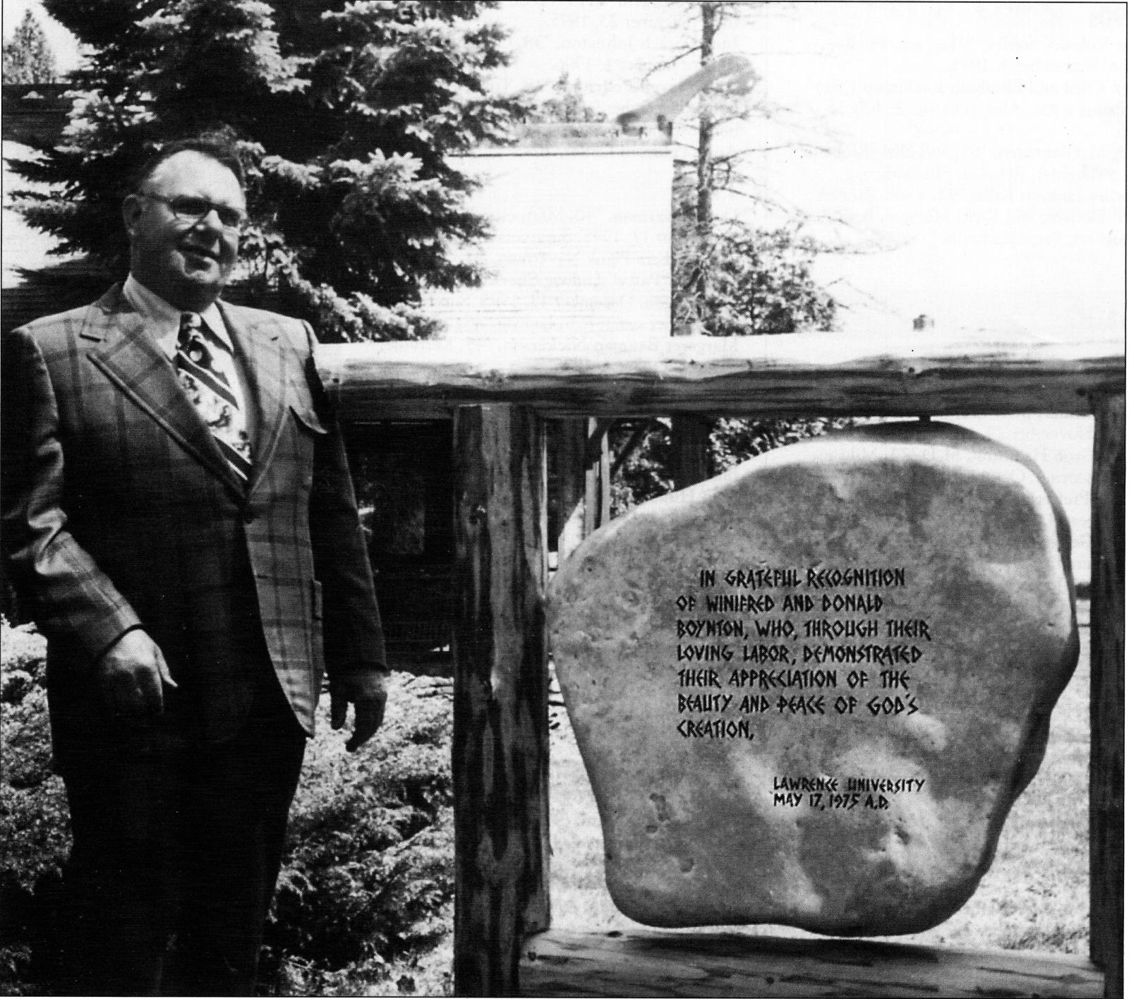 Kennith Zak, Town Chair of Baileys Harbor, dedicates this plaque in memory of Winifred and Donald Boynton, May 17, 1975.