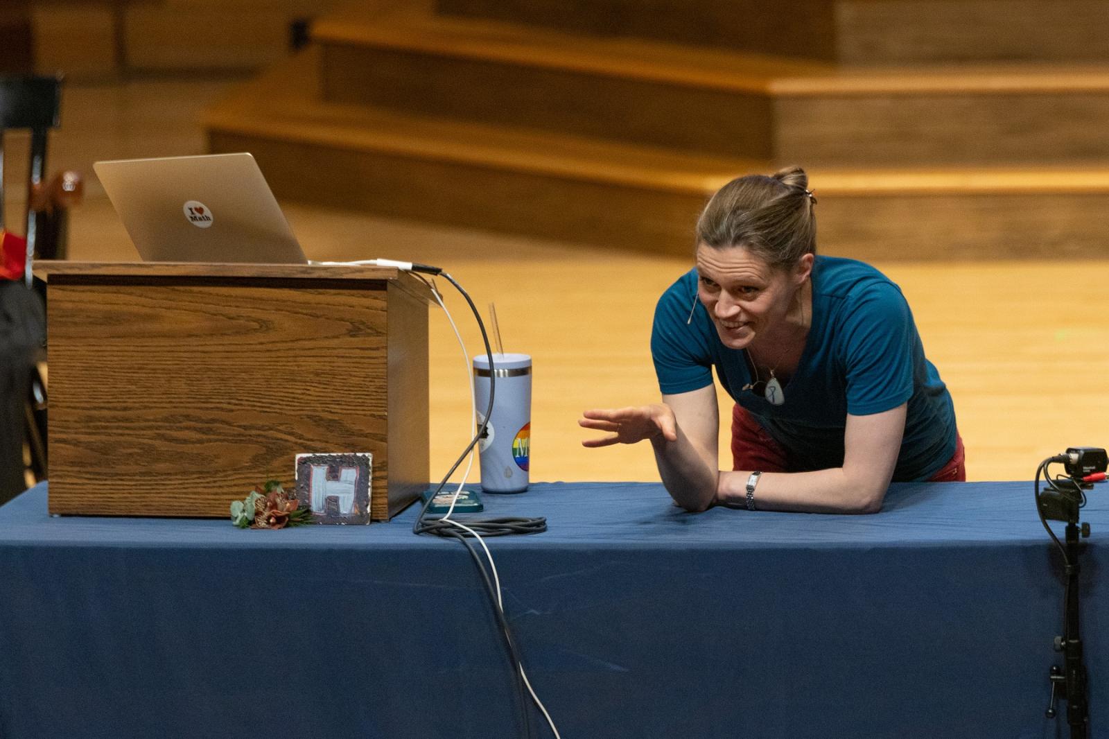Allison Fleshman delivers her Honors Convocation address from the stage of Memorial Chapel.