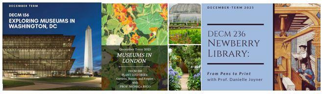 Pictures of the three D-Term courses offered in 2025: Newberry Library, Exploring Museums in Washington, DC, and  Museums in London