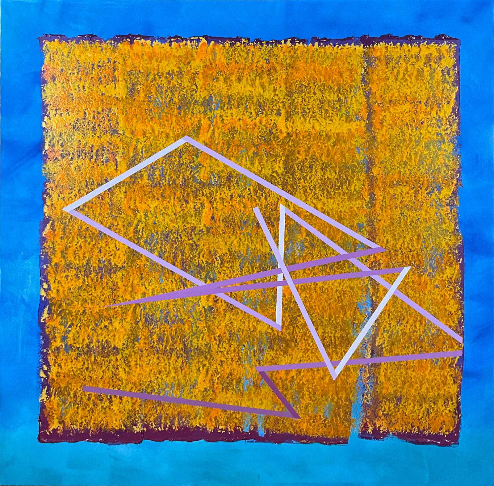 Abstract painting featuring a blue background with a large, textured orange square centered. Overlaid on the square are intersecting geometric lines in purple and white, forming various angular shapes