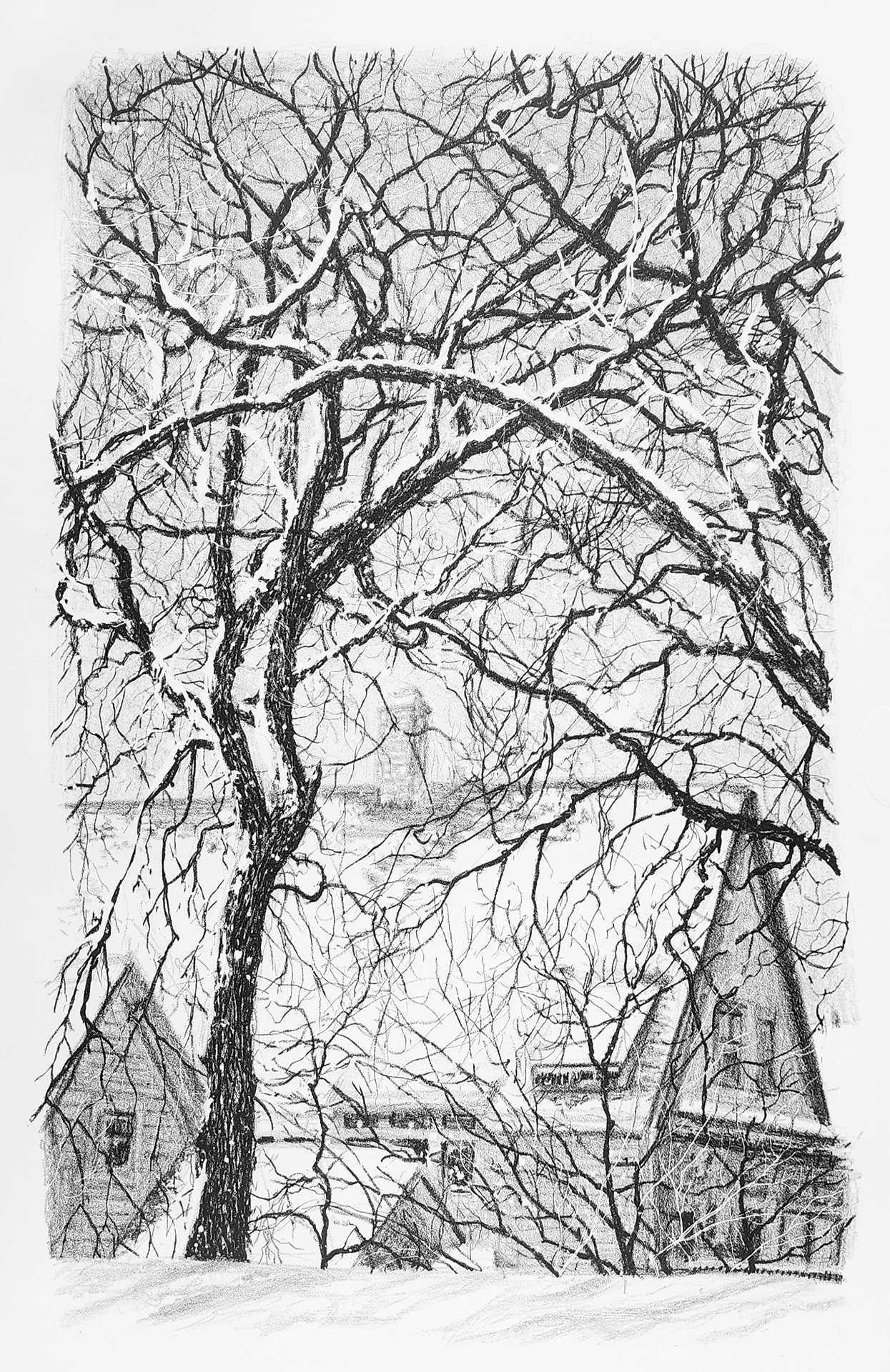 "Black and white sketch of a winter scene with bare tree branches in the foreground and rooftops in the background.