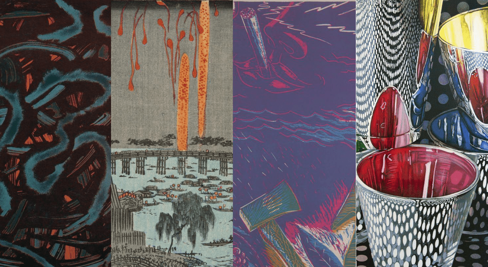 Collage of four artworks: abstract patterns, a Japanese scene with lava and boats, colorful modern shapes, and reflective glass objects
