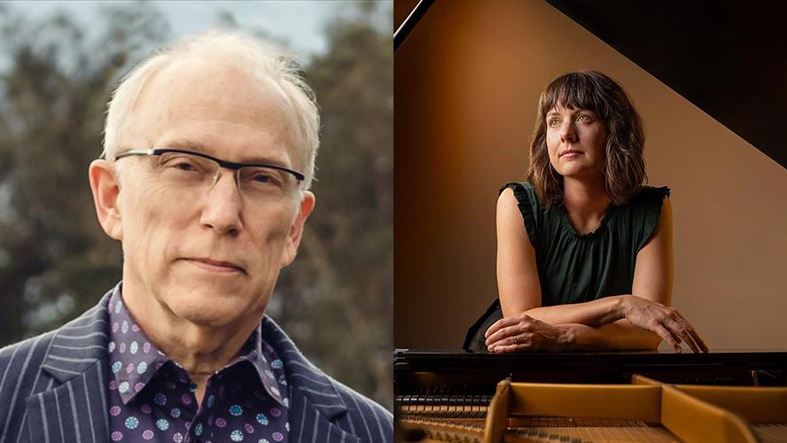 Headshots of guest violist Hank Dutt on left and guest pianist Kate Campbell on right.