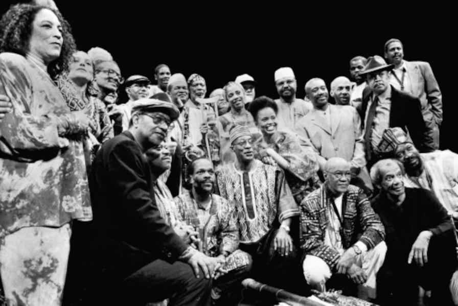 A black and white group photo of members from the Association for the Advancement of Creative Musicians (AACM).