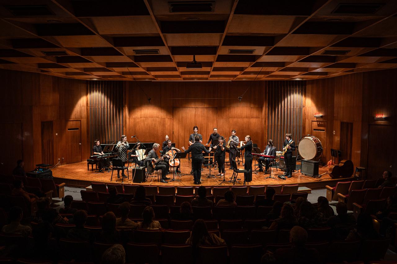 Lawrence University New Music Ensemble in performance in Harper Hall.