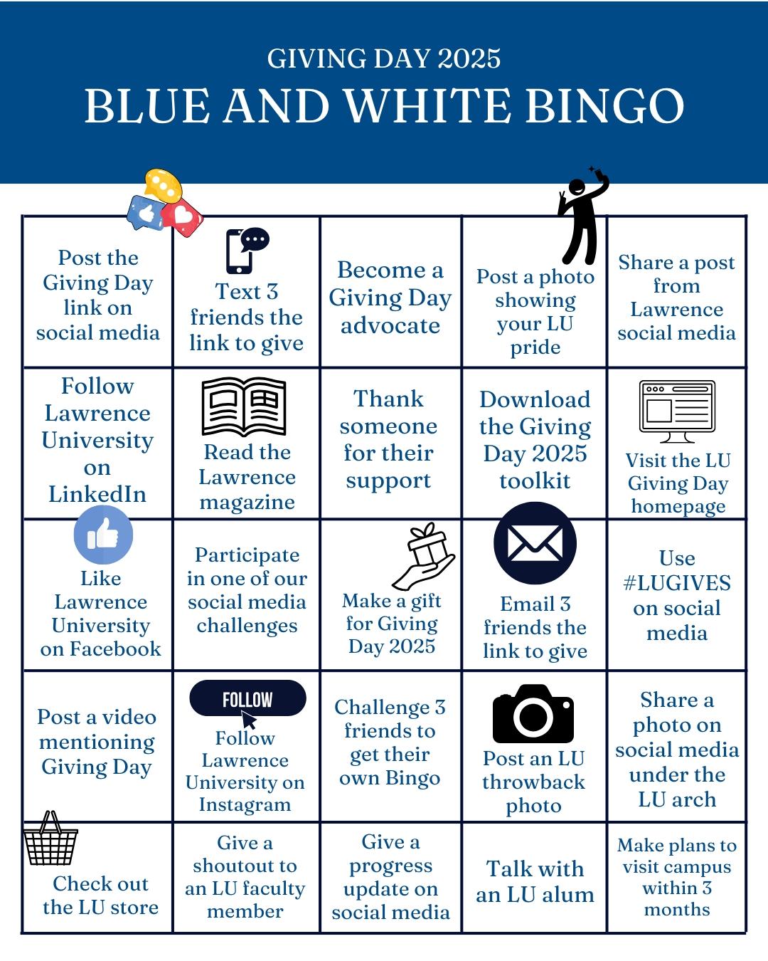 A 5x5 bingo card. Each square has an activity connected to Giving Day.