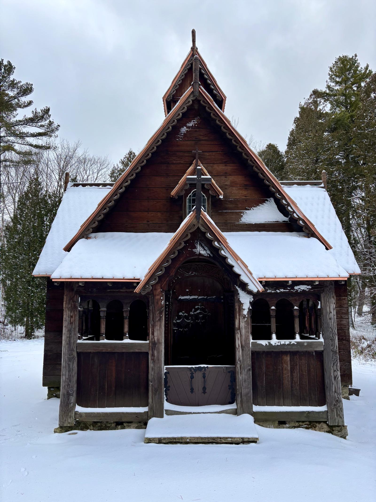 Boynton Chapel wrapped a gentle blanket of snow