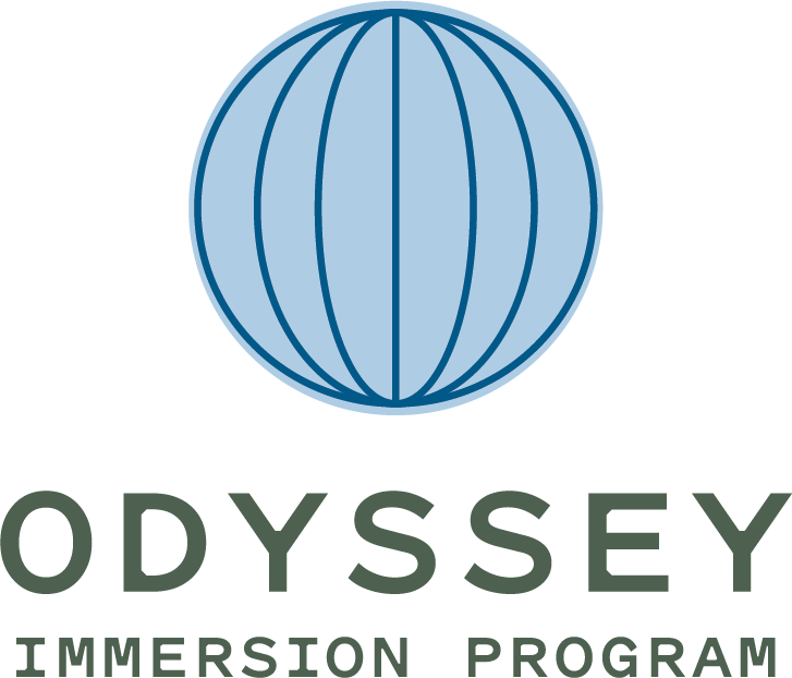 blue globe with green text that says odyssey immersion program