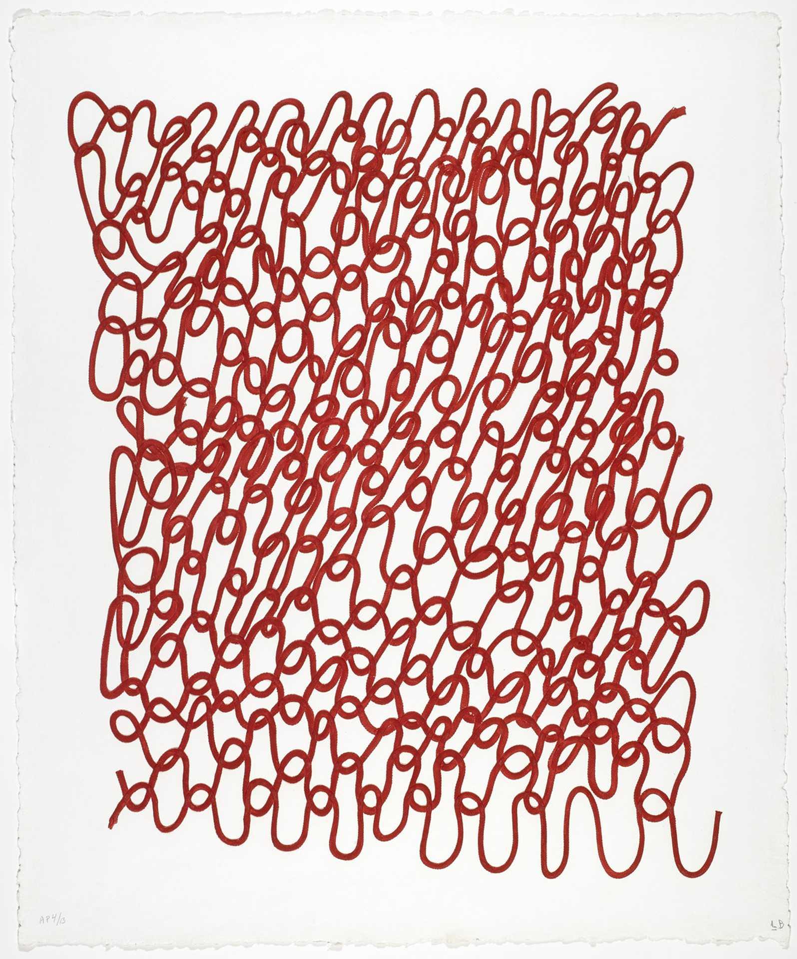 Red looping lines forming a dense, irregular grid on a white background.