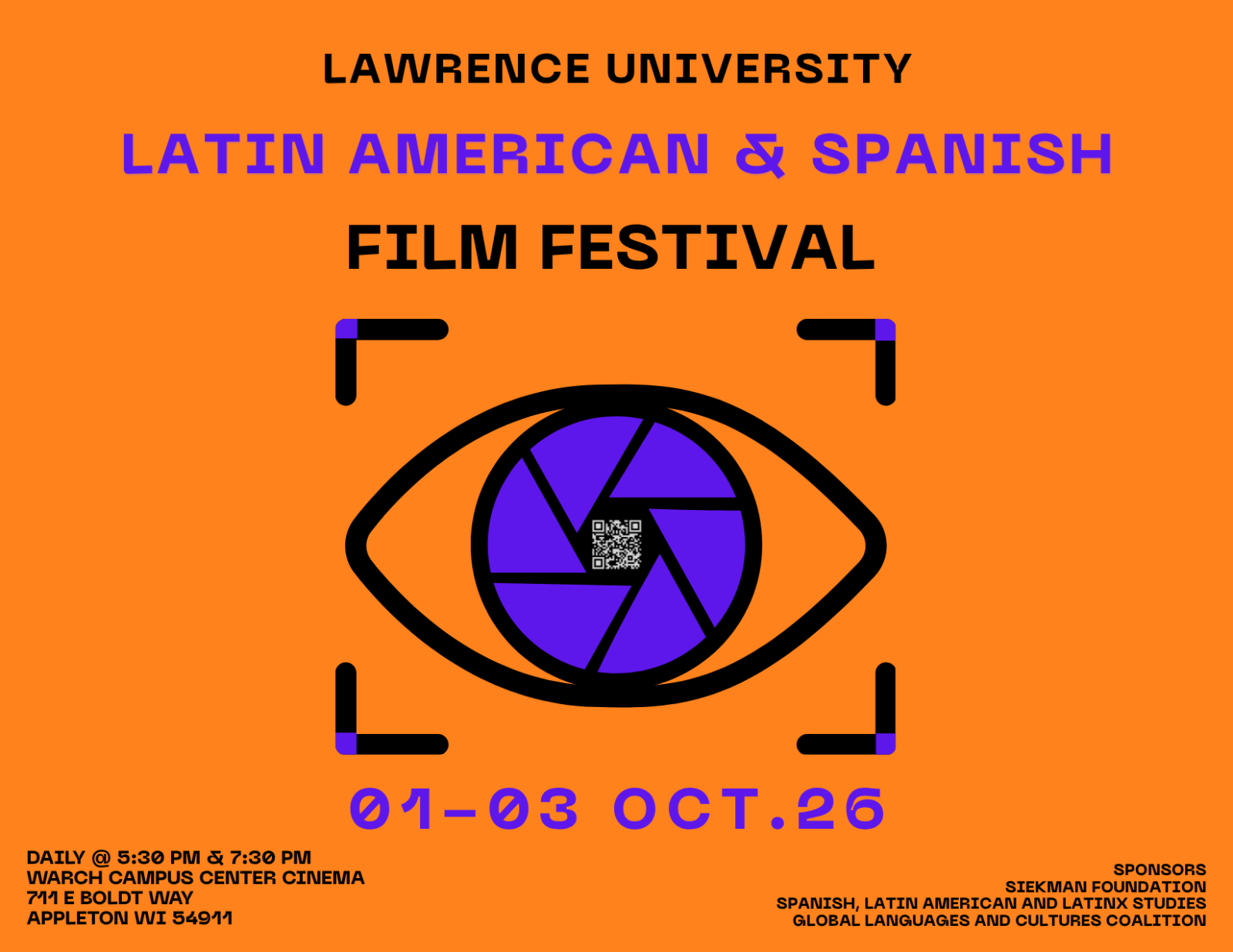 Poster for Lawrence University’s Latin American & Spanish Film Festival on an orange background. Large text reads “LAWRENCE UNIVERSITY,” “LATIN AMERICAN & SPANISH,” and “FILM FESTIVAL.”