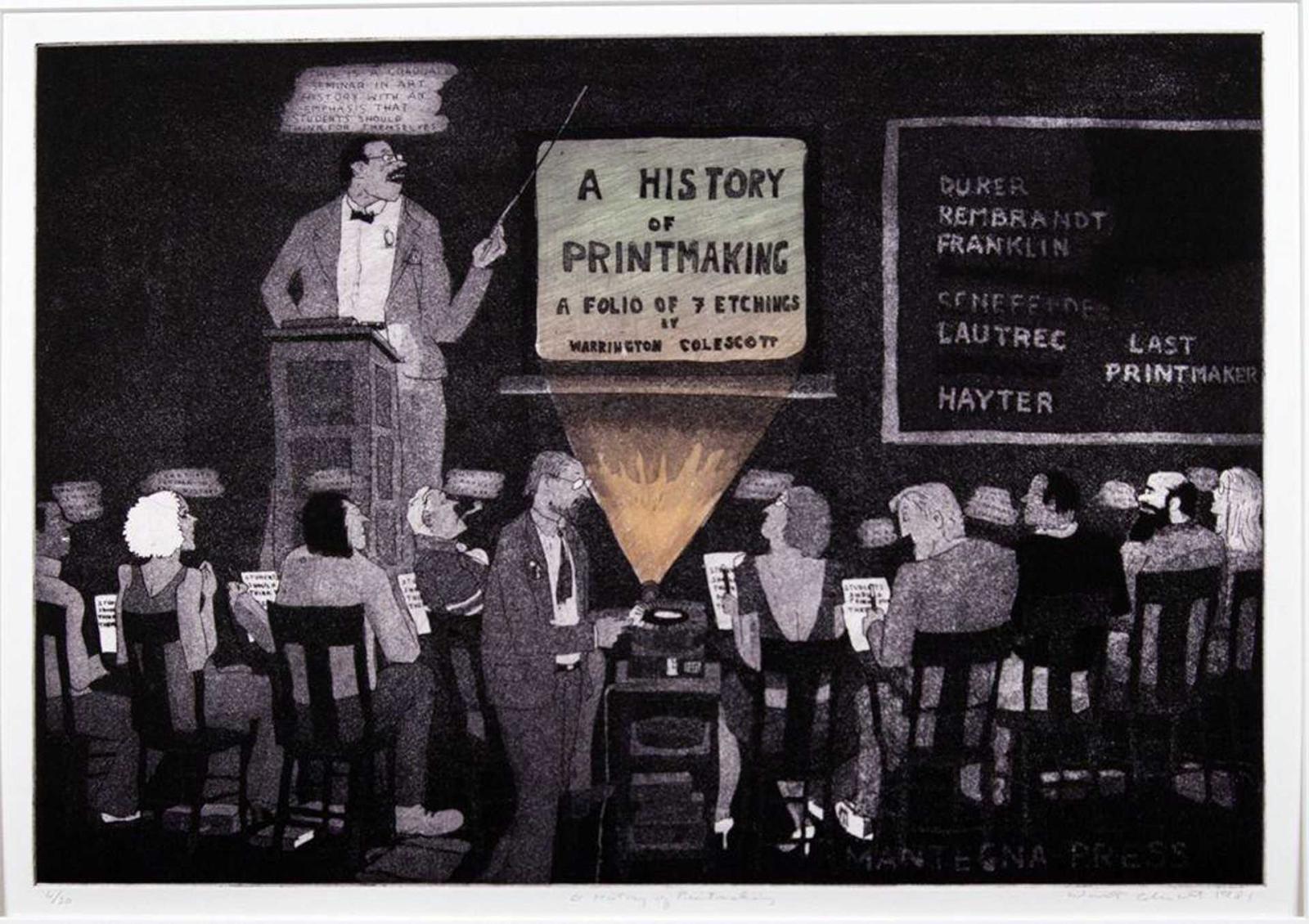 Print depicting a lecture on printmaking, with a presenter pointing to a projected slide while an audience sits facing the screen.