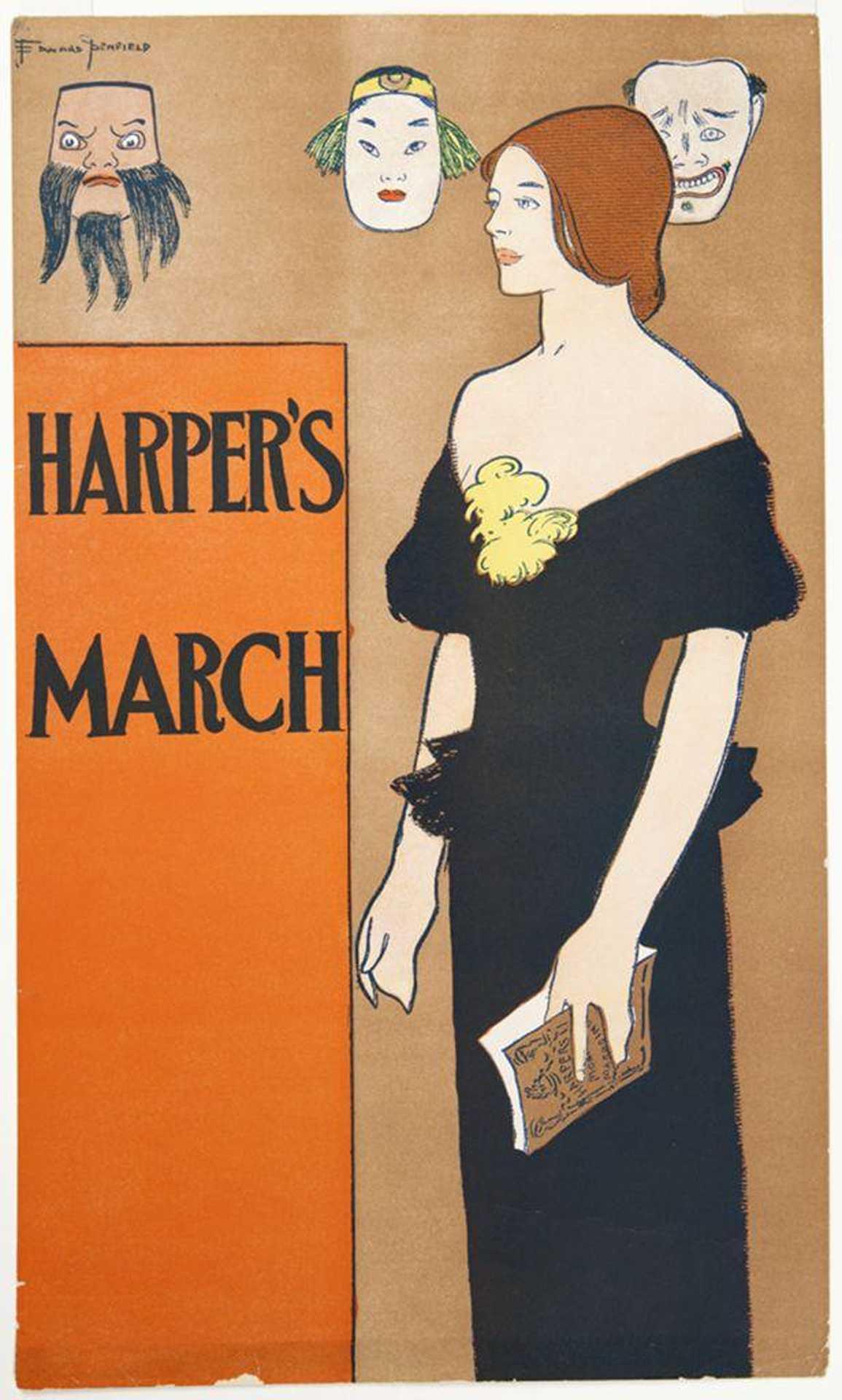 Vintage Harper’s March cover showing a person in a long black dress holding a book, with three theatrical masks above and bold orange title text on a tan background.