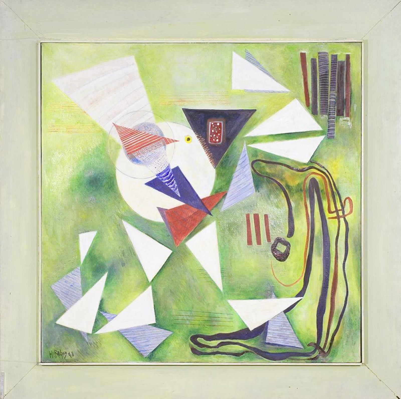 Abstract painting with white geometric shapes, colored triangles, and looping lines arranged across a soft green background.