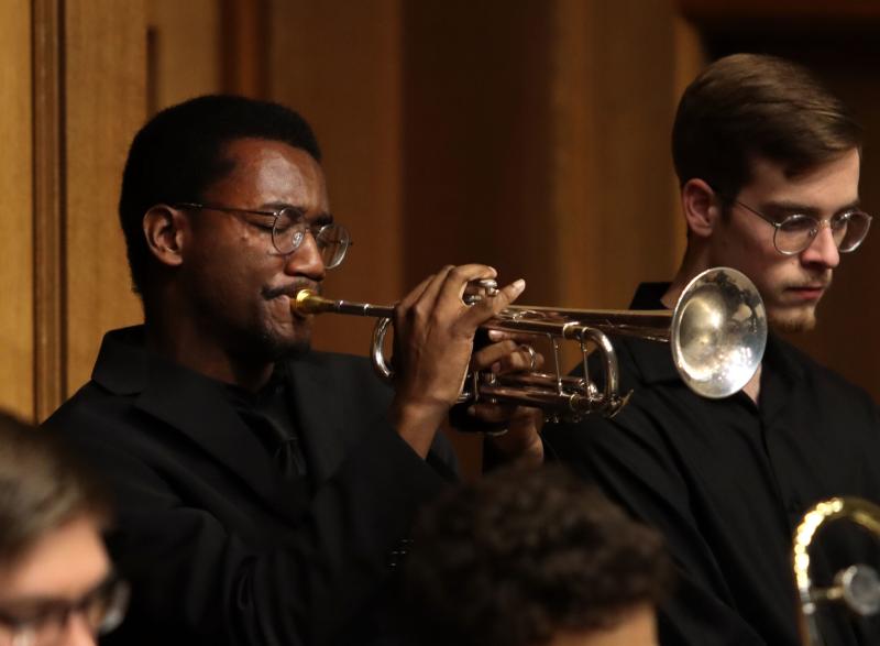 student playing trumpet during Jazz Weekend performance