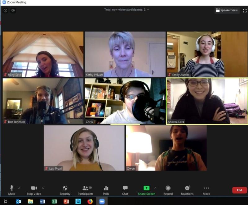 Theater professor Kathy Privatt (center top) and some of her students work through preparations for a radio drama to be performed live on Zoom on Friday night.