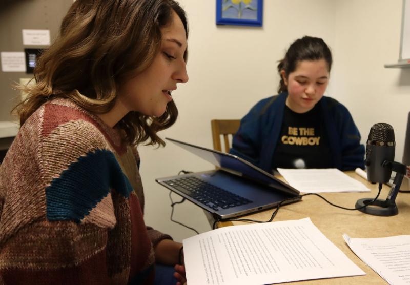 Fallon Sellers ’20 (left) and Georgia Greenberg ’20 record a podcast for their War and Pop Culture class.