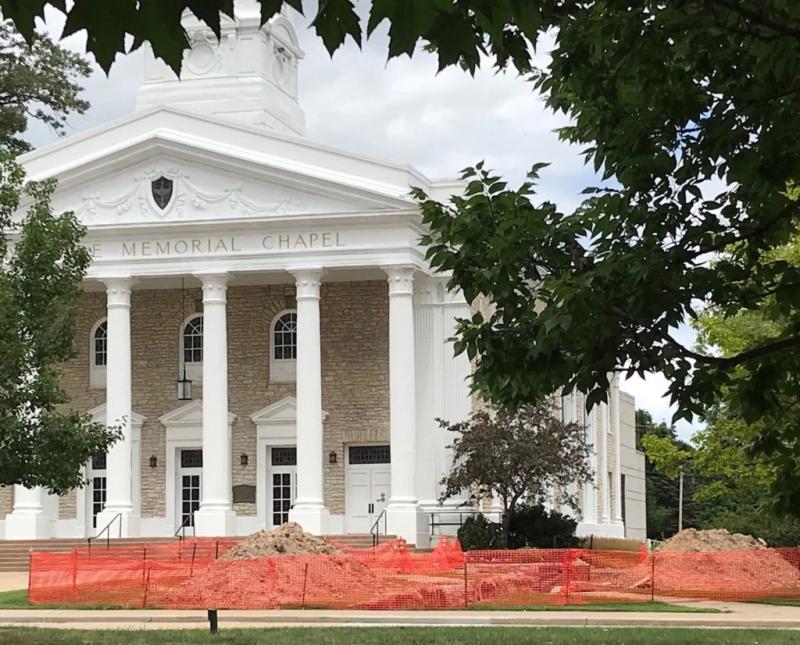 Work on the steam line near Memorial Chapel continues this summer. The chapel also is getting new exterior lighting. The steam line work continues what was started in spring on the south side of College Avenue.