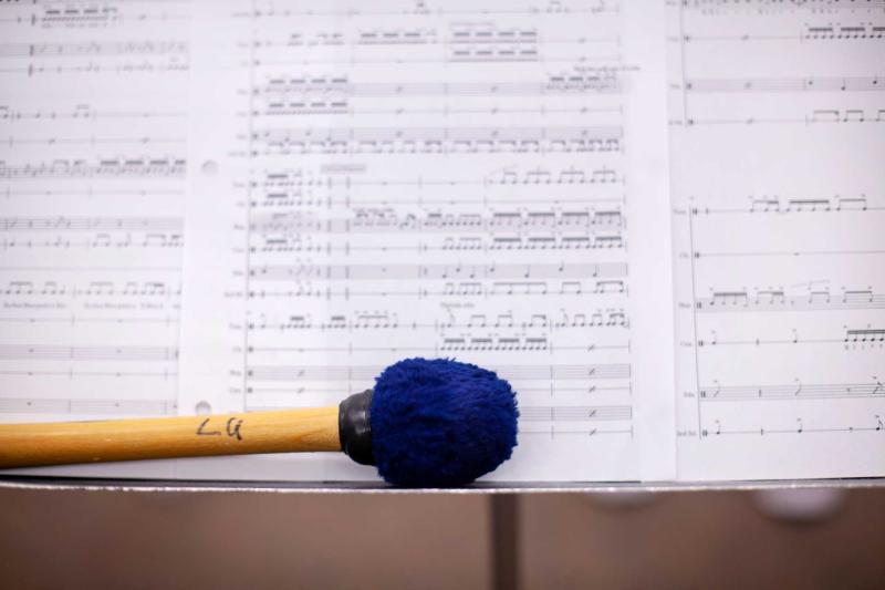 Close up of mallet and sheet music used during Sambista rehearsal.