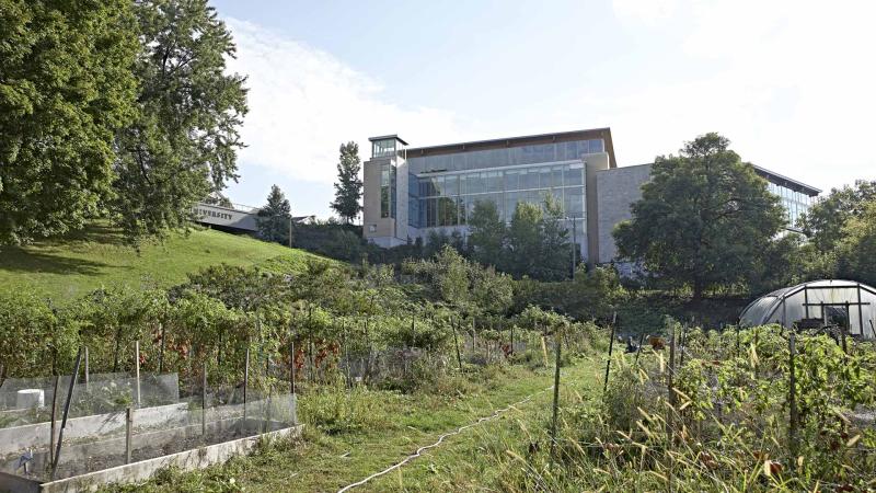 A view of Warch Campus Center from the SLUG garden