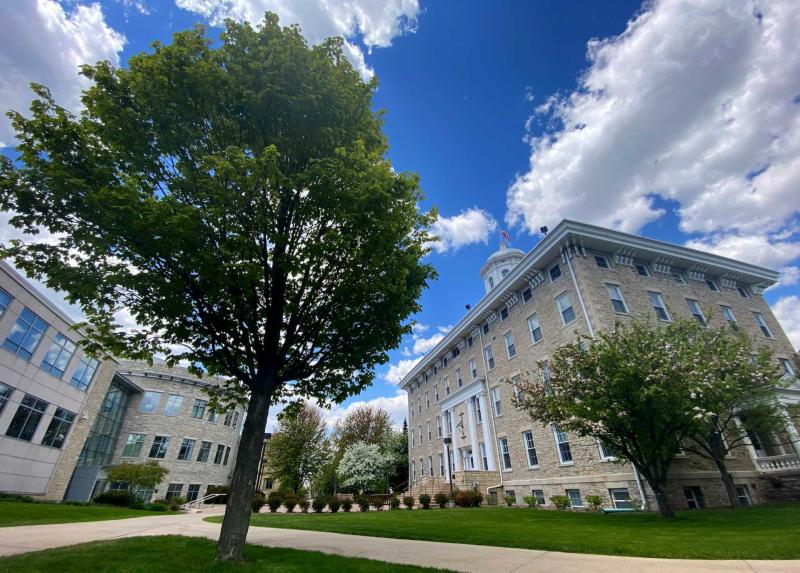 Steitz and Main Hall from campus walkway