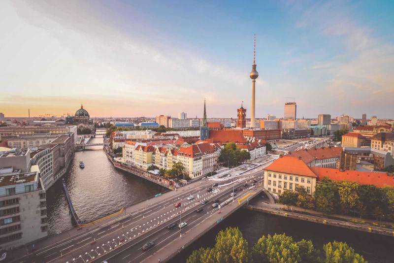 Aerial of Berlin, German on the Spree River with the Berlin TV Tower in background