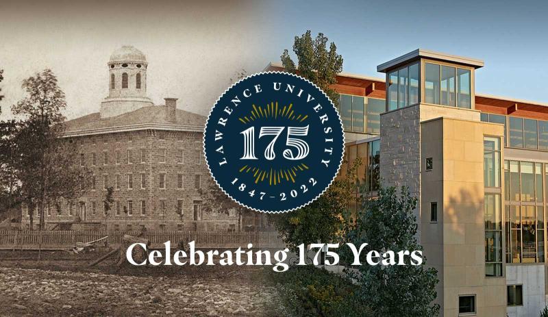 175th anniversary logo on side by side photos of Main Hall and Warch Campus Center.