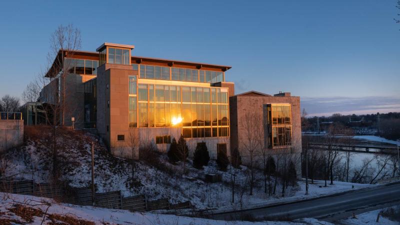 Warch Campus Center at sunset