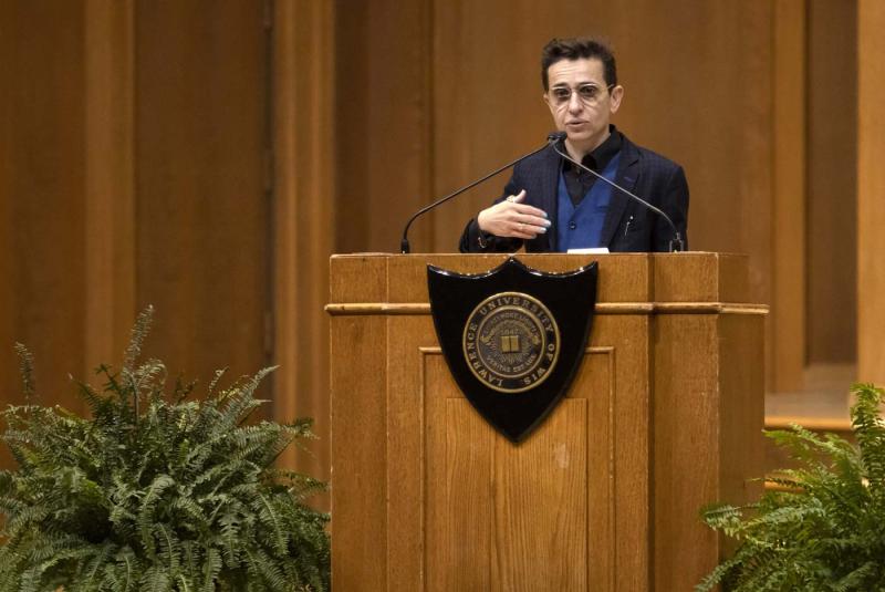Masha Gessen, Russian-American journalist, author and activist, speaks on stage while giving the Convocation Address "The Parallel Polis" part of the 2019-20 Convocation Series