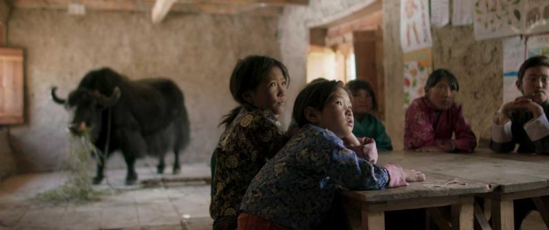 A yak is seen in the background as five school children sit at a table.