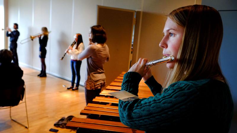 Students playing flutes in Warch Campus Center