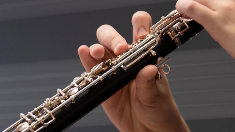 Close up of oboe being played during oboe studio lesson.