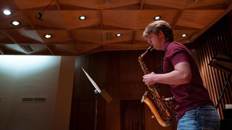 Student playing saxophone 