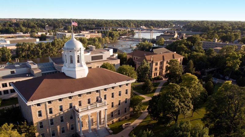 Aerial drone photo of campus. The Fox River is shown in the background