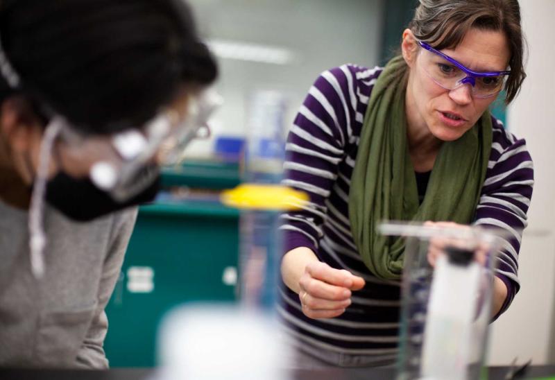 Professor Allison Fleshman works with students during a chemistry lab.
