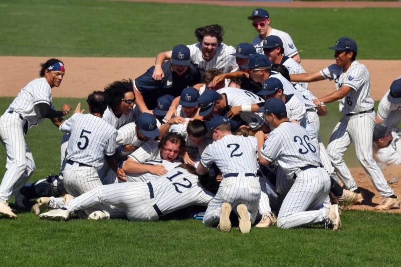 Lawrence baseball players celebrate on the infield after winning the Midwest Conference Tournament at Whiting Field.